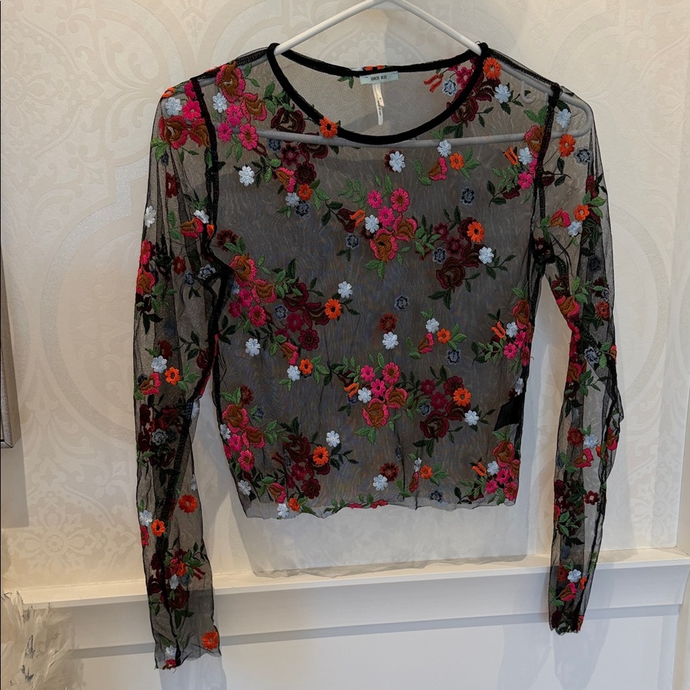 Kimchi Blue Sheer Black Blouse with Floral Embroidery